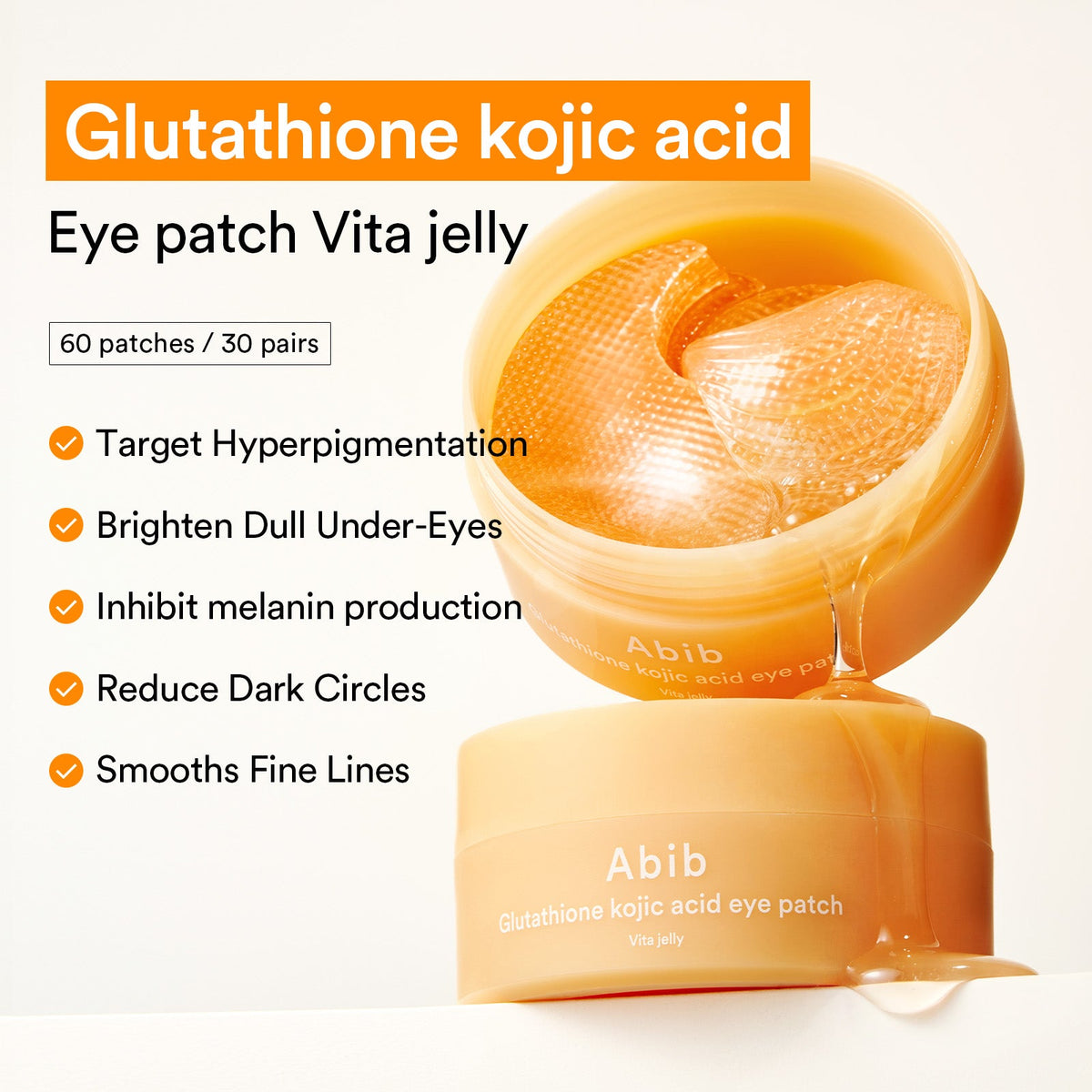 Abib Glutathione Kojic Acid Eye Patch Vita Jelly – Parches de ojos luminosidad con glutatión 90 g (60 parches)