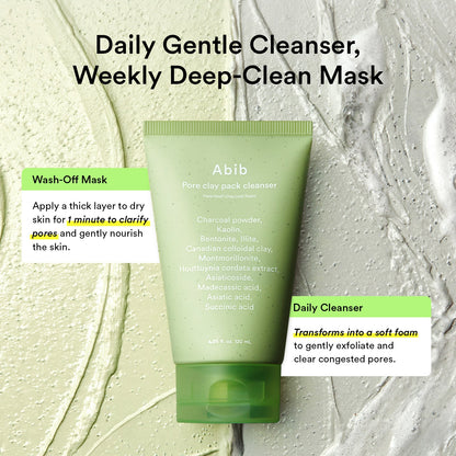 Abib Pore Clay Pack Cleanser Heartleaf Charcoal Foam – Nettoyant masque argile et charbon 120 ml